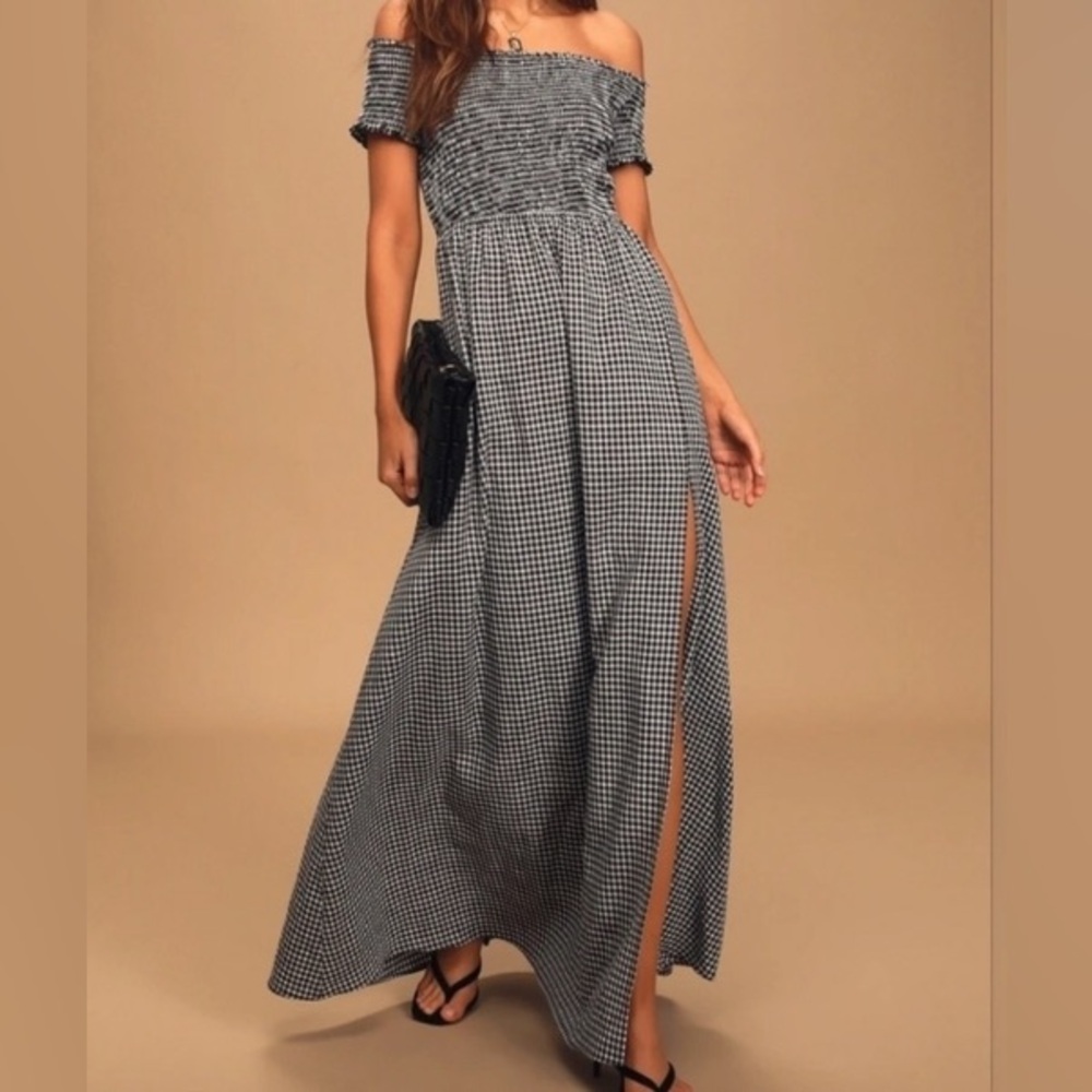 Lulu's Black and White Gingham Off-Shoulder Maxi Dress XL